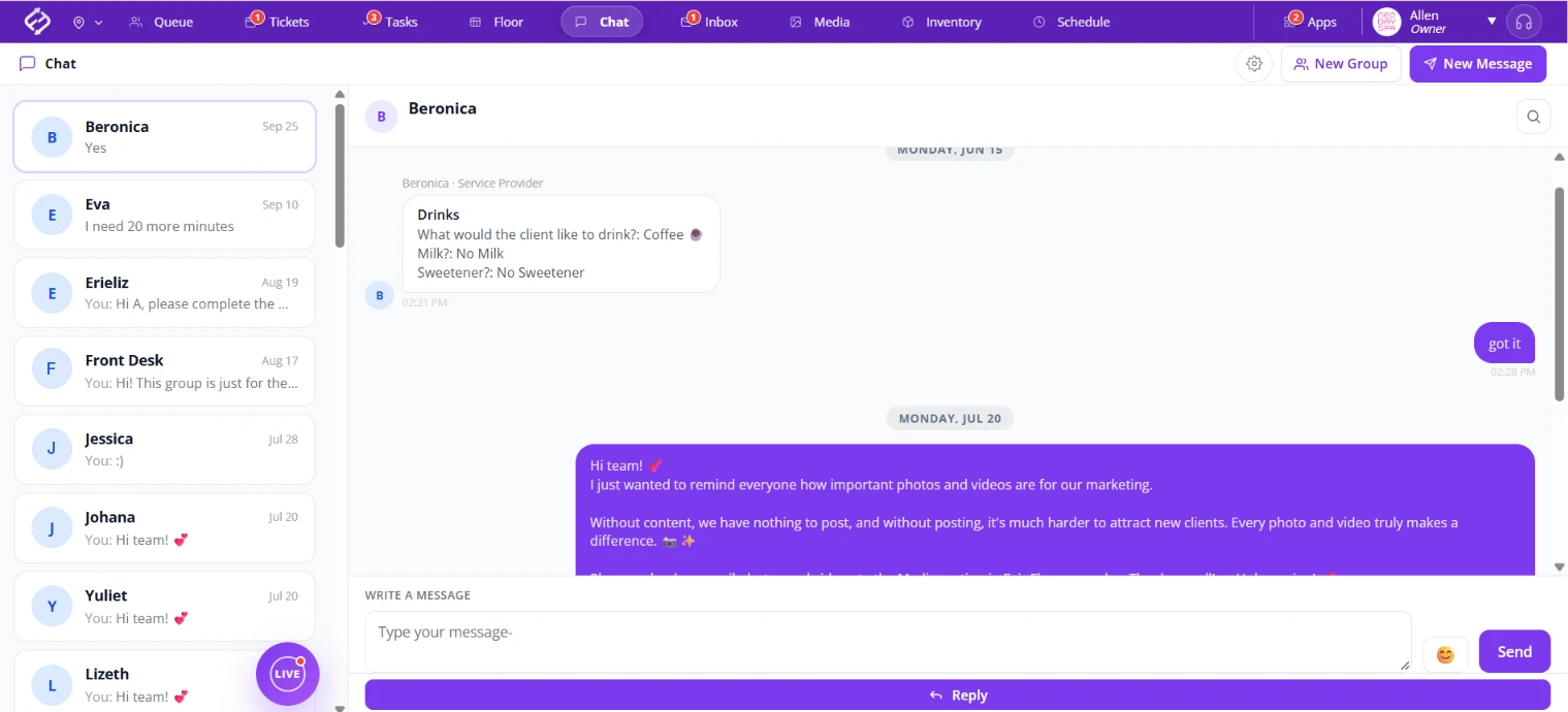 Salon team chat app: fair Flow Chat screen with a list of team conversations and group chats next to an open conversation