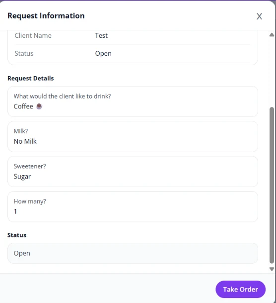 Order details showing the client's drink and how they want it