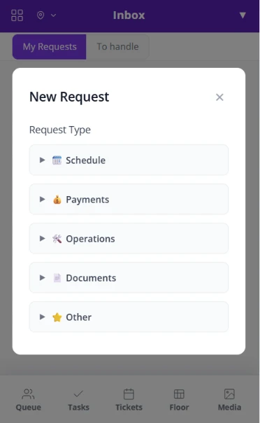 Fair Flow Inbox on a phone with the New Request window showing Schedule, Payments, Operations, Documents and Other