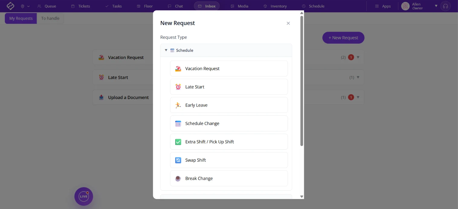 Salon staff requests inbox: fair Flow Inbox with the New Request window open, listing schedule request types such as vacation, late start, early leave, schedule change, extra shift, swap shift and break change