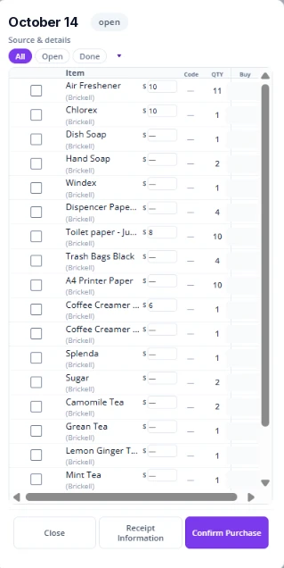 Fair Flow shopping list on a phone with items, prices, quantities, Receipt Information and Confirm Purchase