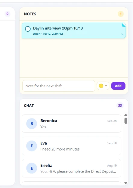 Fair Flow Live Notes and Chat panels showing a shift note and the team chat list with unread count