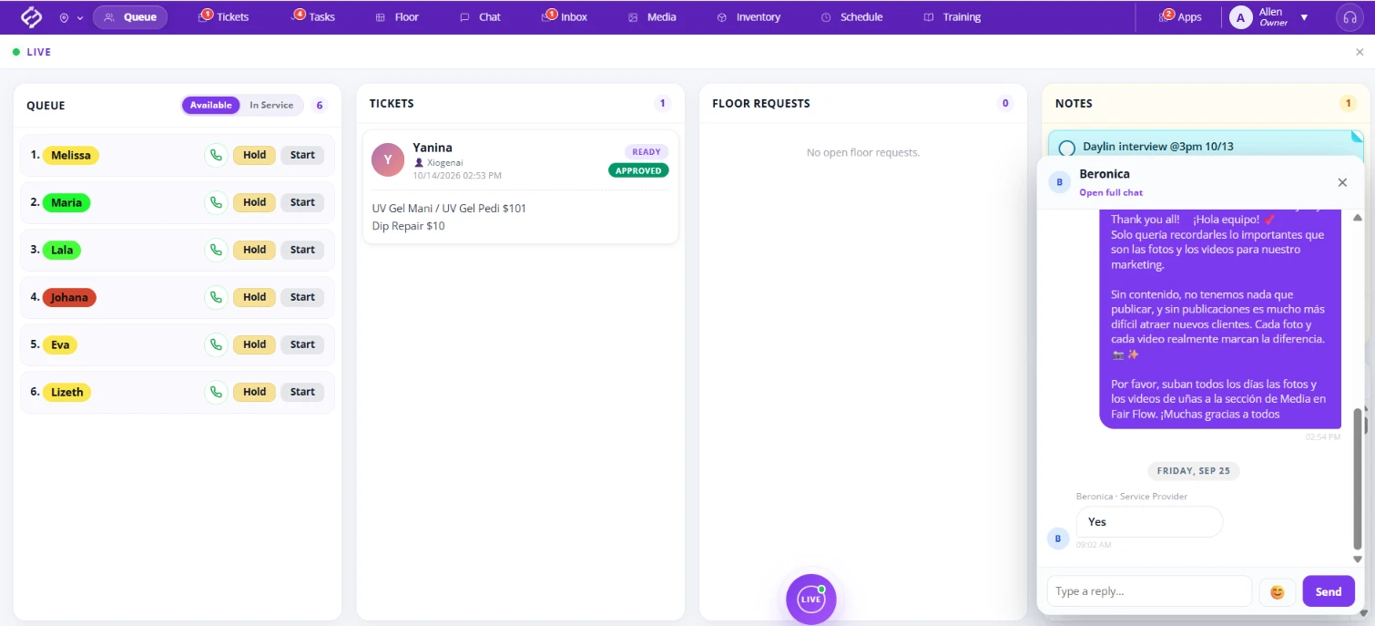 Fair Flow Live with a team chat opened in a popup next to the queue, tickets and floor requests