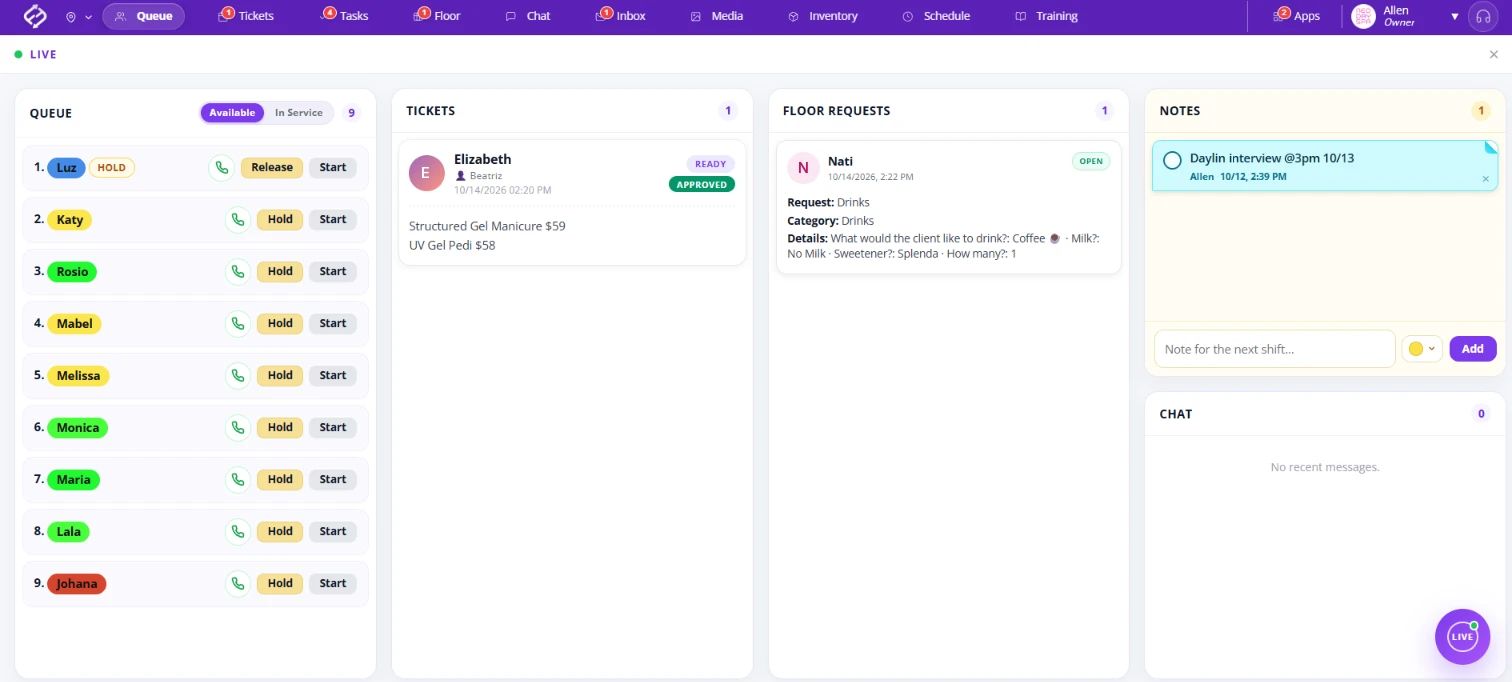 Fair Flow Live salon front desk dashboard showing the queue, tickets, floor requests, color-coded shift notes and chat on one screen
