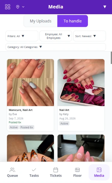 Salon social media content library: fair Flow Media To handle grid with photos of staff work, filters and sort