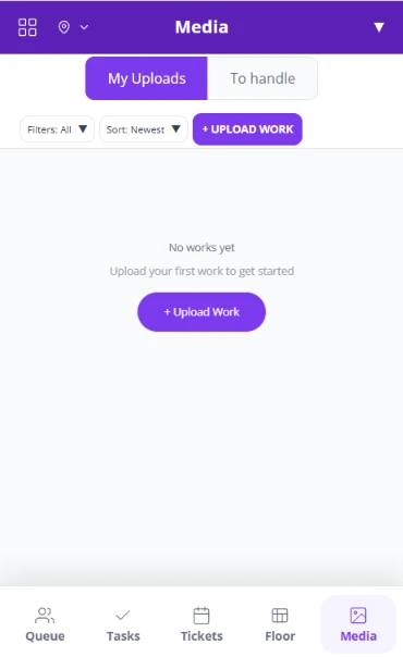 Media My Uploads screen with an Upload Work button