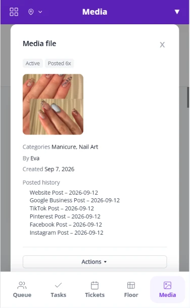 Media file details with categories, who uploaded it, and posted history across website, Google Business Profile, TikTok, Pinterest, Facebook and Instagram