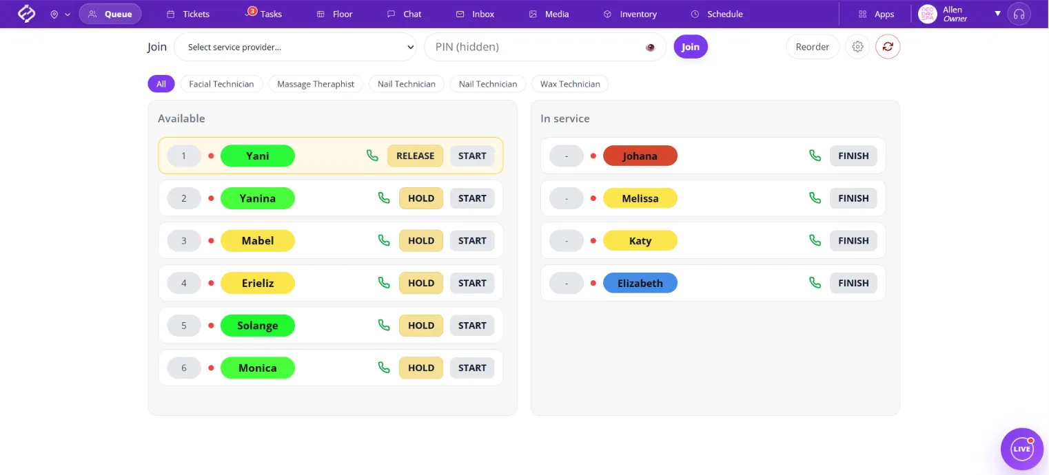 Salon walk-in queue app: fair Flow Queue screen with a numbered list of available technicians, an in-service column, and filters by technician type