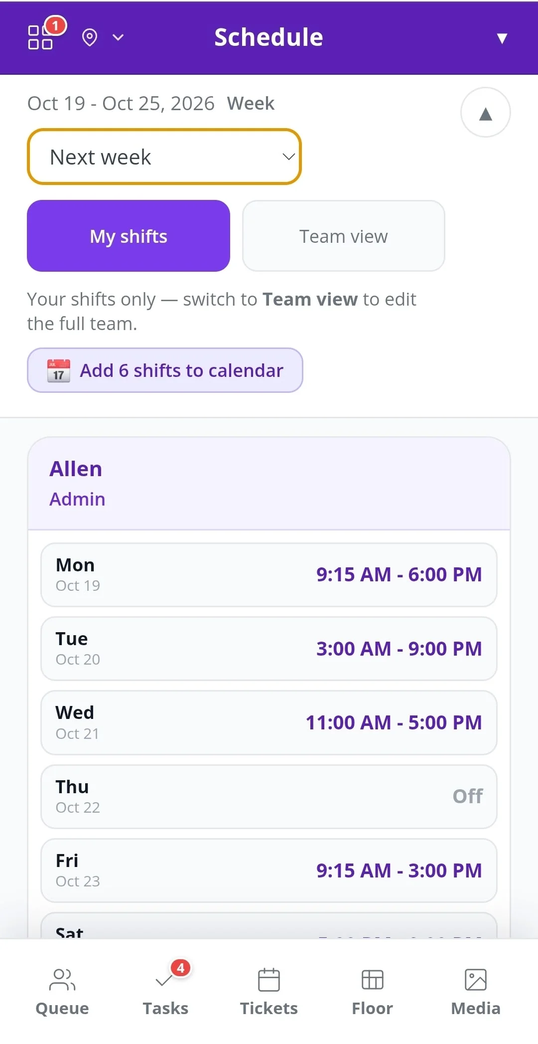 Fair Flow Schedule on a phone showing My shifts for next week and an Add shifts to calendar button