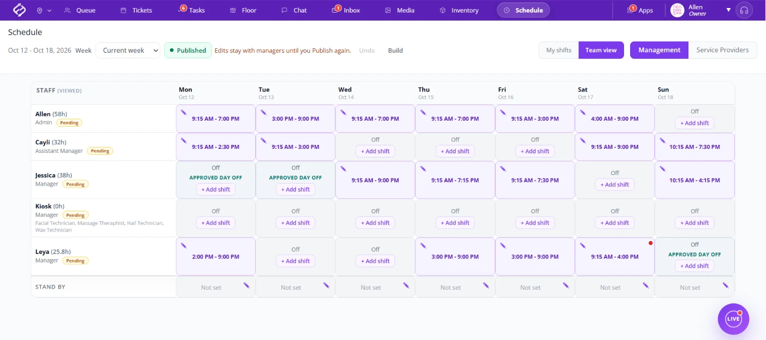 Salon employee scheduling app: fair Flow Schedule team view with weekly shifts, weekly hours next to each staff member, approved days off, and a Stand by row