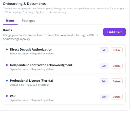 Fair Flow onboarding items such as direct deposit authorization, independent contractor acknowledgment, professional license upload and W-9