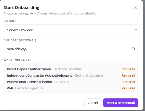 Fair Flow Start Onboarding window with a package selected, an optional due date and the required items the new employee will receive