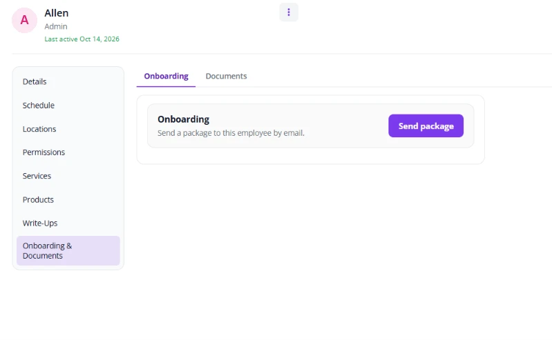 Salon staff profile with paperless onboarding: fair Flow staff profile with sections for details, schedule, locations, permissions, services, products, write-ups, and onboarding and documents