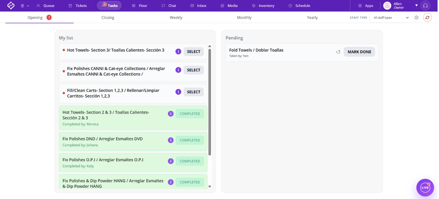 Salon task list and checklist app: fair Flow Tasks screen with Opening, Closing, Weekly, Monthly and Yearly tabs, a task list with completed tasks in green, and a pending task