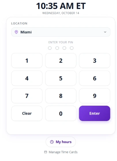 Fair Flow Time Clock kiosk with a location, PIN pad and My hours button