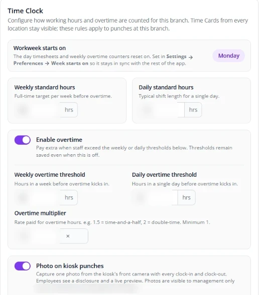 Fair Flow Time Clock settings for workweek start, standard hours, weekly and daily overtime thresholds, overtime multiplier, and photo on kiosk punches