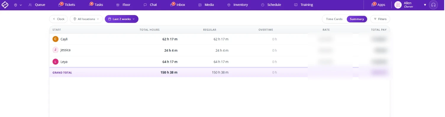 Salon time clock app: fair Flow Time Clock summary with total, regular and overtime hours, hourly rate and estimated pay per staff member