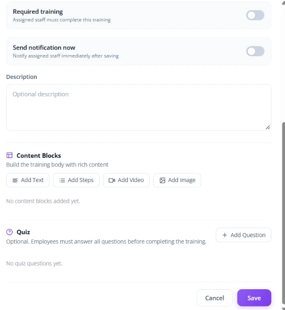 Fair Flow training builder with content blocks for text, steps, video and images, and an optional quiz
