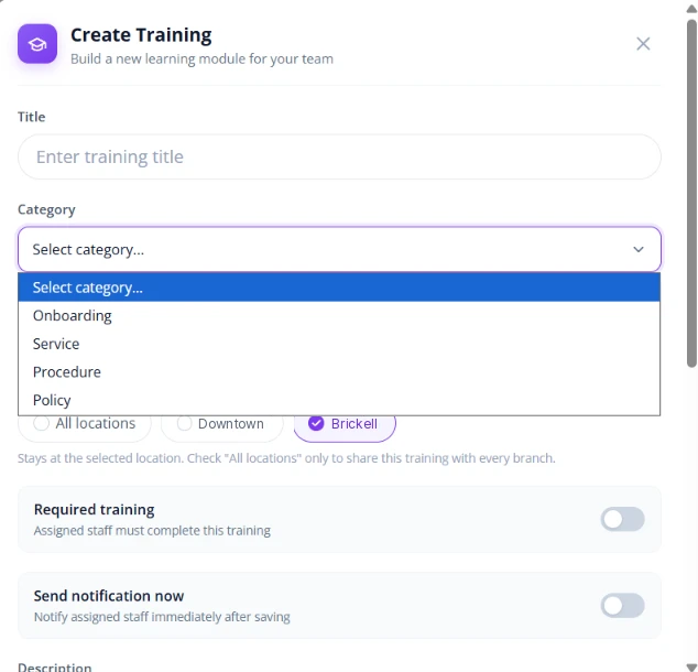 Salon staff training app: fair Flow Create Training window with categories Onboarding, Service, Procedure and Policy, location choice, and required training and notification options