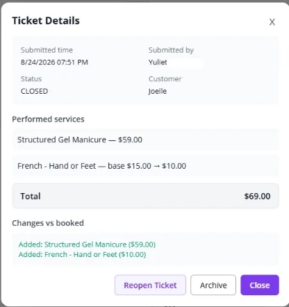 Fair Flow digital ticket details showing performed services, total, and changes versus the booked service