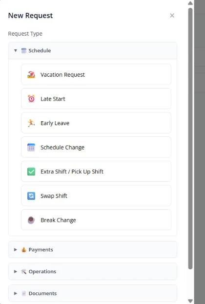 Fair Flow new employee request menu for schedule changes, extra shifts, and time-off requests