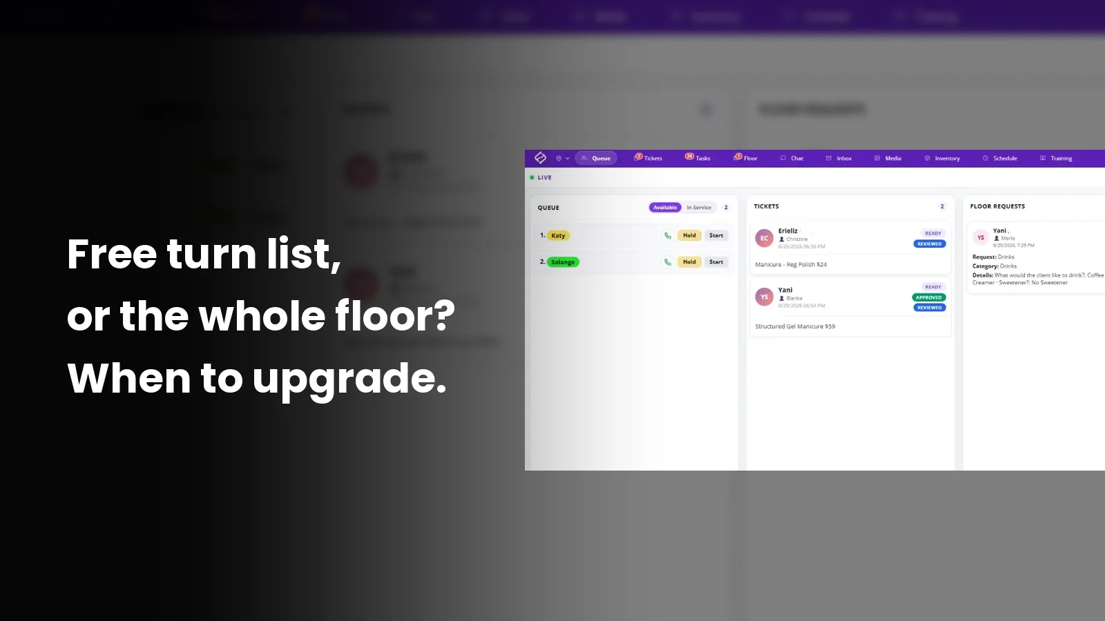 Fair Flow live floor view with the turn queue, open tickets and floor requests