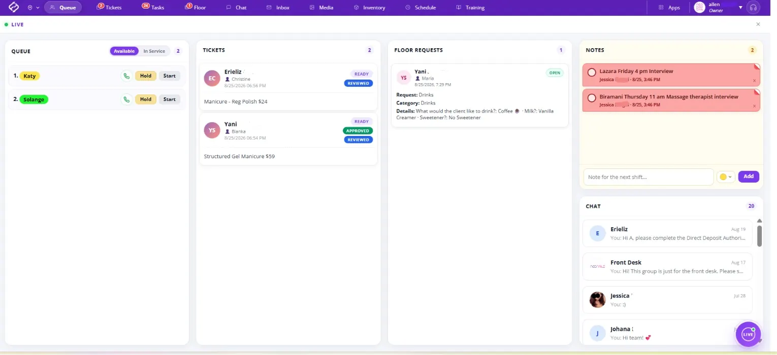 Fair Flow LIVE view of the salon floor with queue, tickets, floor requests, notes, and chat