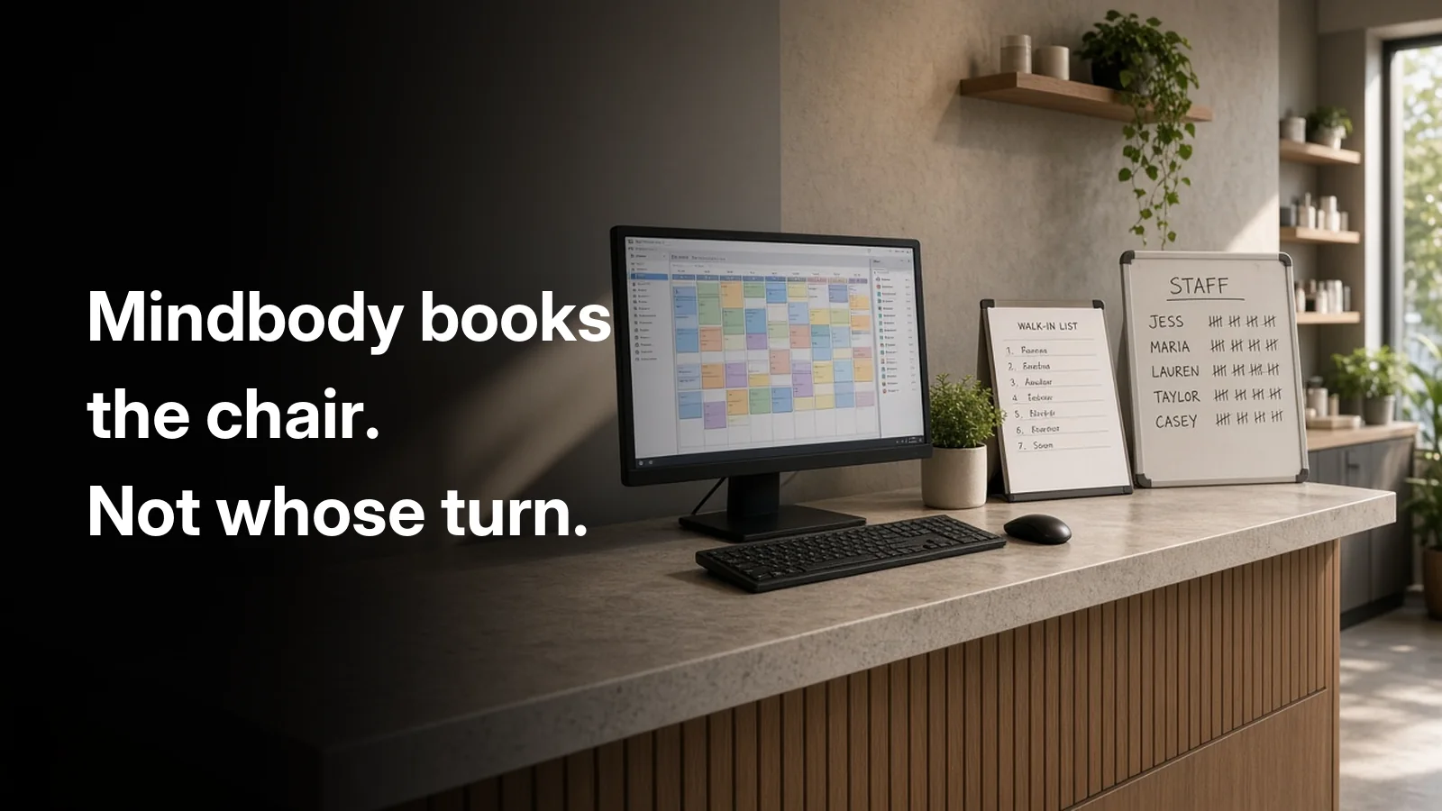 A salon reception desk with a full appointment calendar on the screen and a handwritten walk-in list beside it, captioned: Mindbody books the chair. Not whose turn.