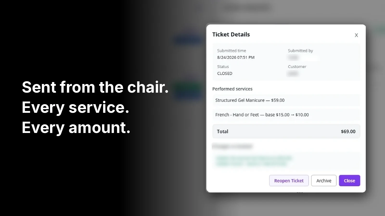 Fair Flow digital service ticket showing performed services, the amount for each, and changes versus the booked service