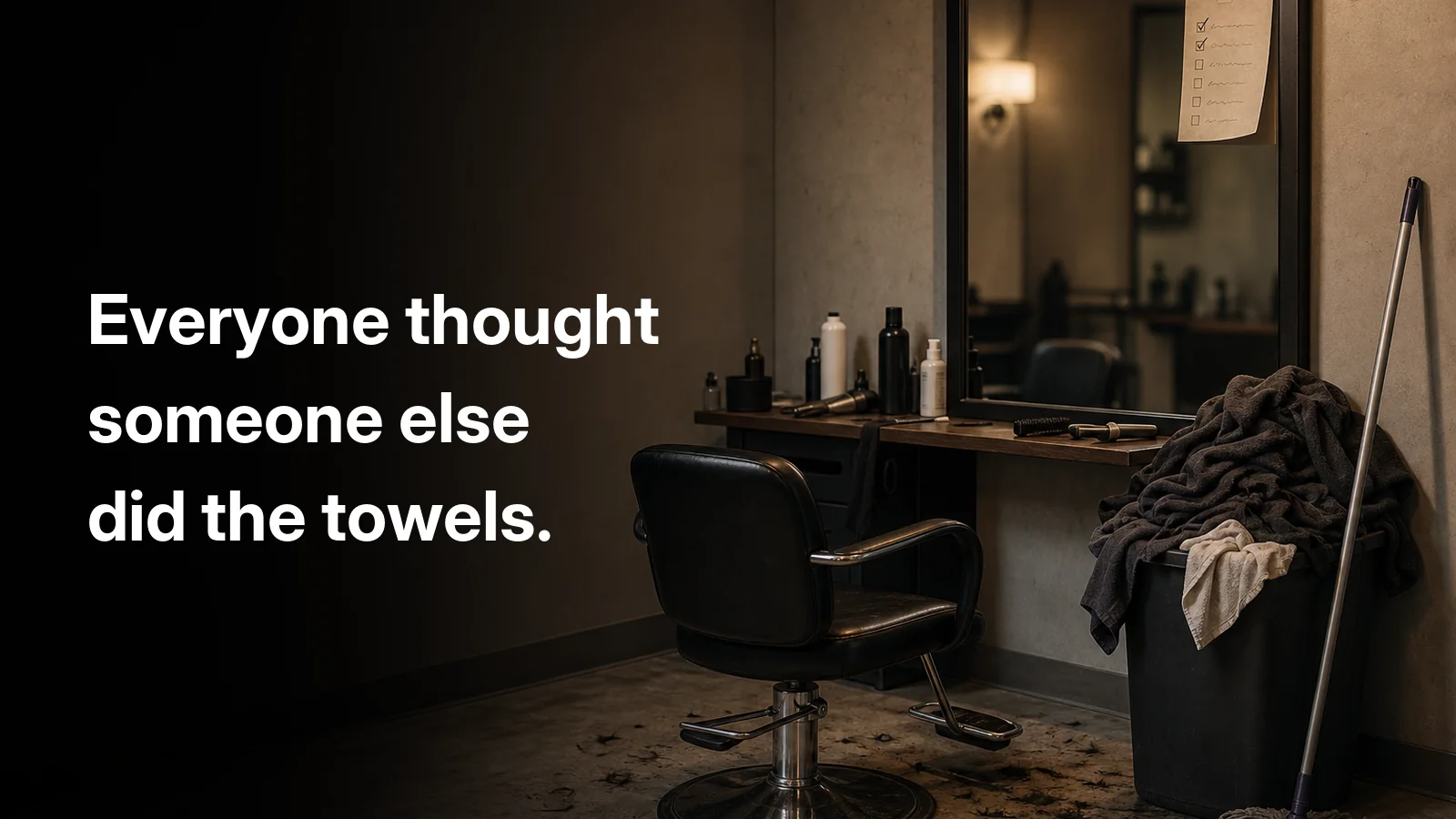 A salon station at closing time with hair still on the floor, a mop against the wall, an overflowing towel bin and a half-ticked paper checklist taped to the mirror, captioned: everyone thought someone else did the towels.