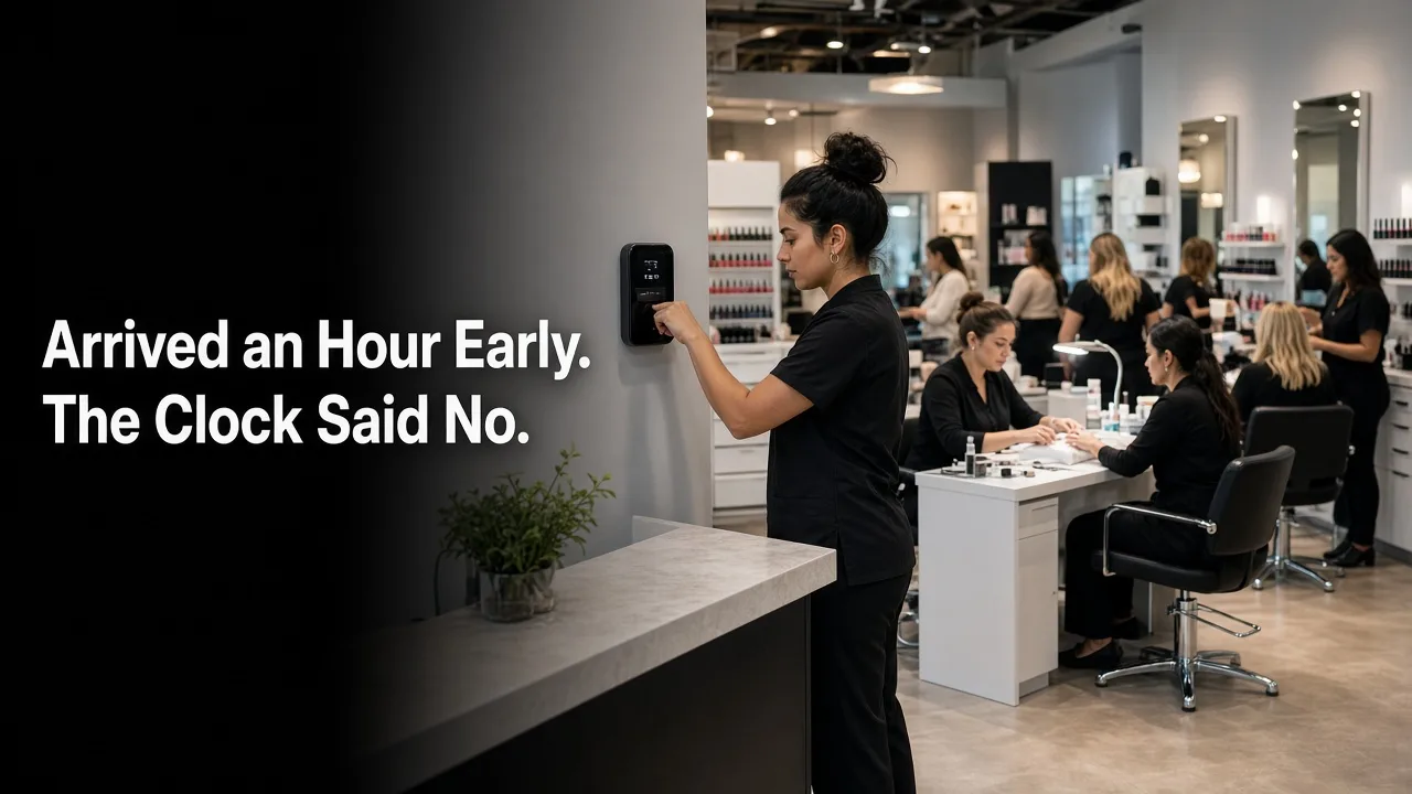 A salon employee at the time clock, captioned: arrived an hour early. the clock said no.