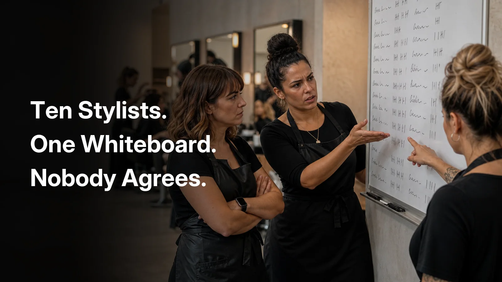 Three stylists arguing in front of a whiteboard covered in names and tally marks, captioned: ten stylists, one whiteboard, nobody agrees.