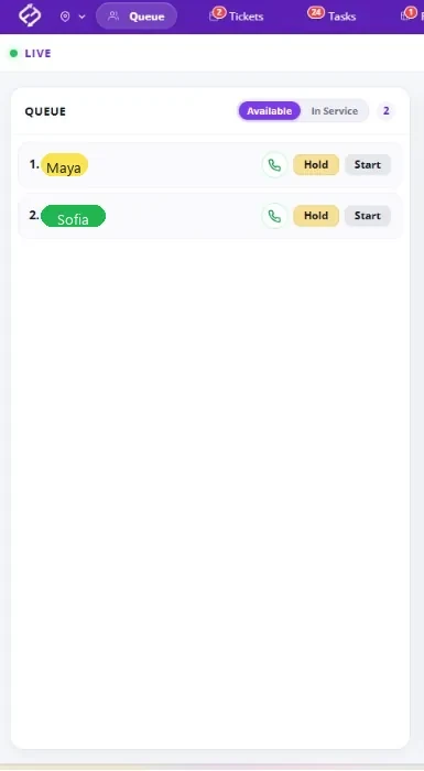 Control de turnos de Fair Flow con la lista numerada de personal disponible, con «En espera» y «Empezar»