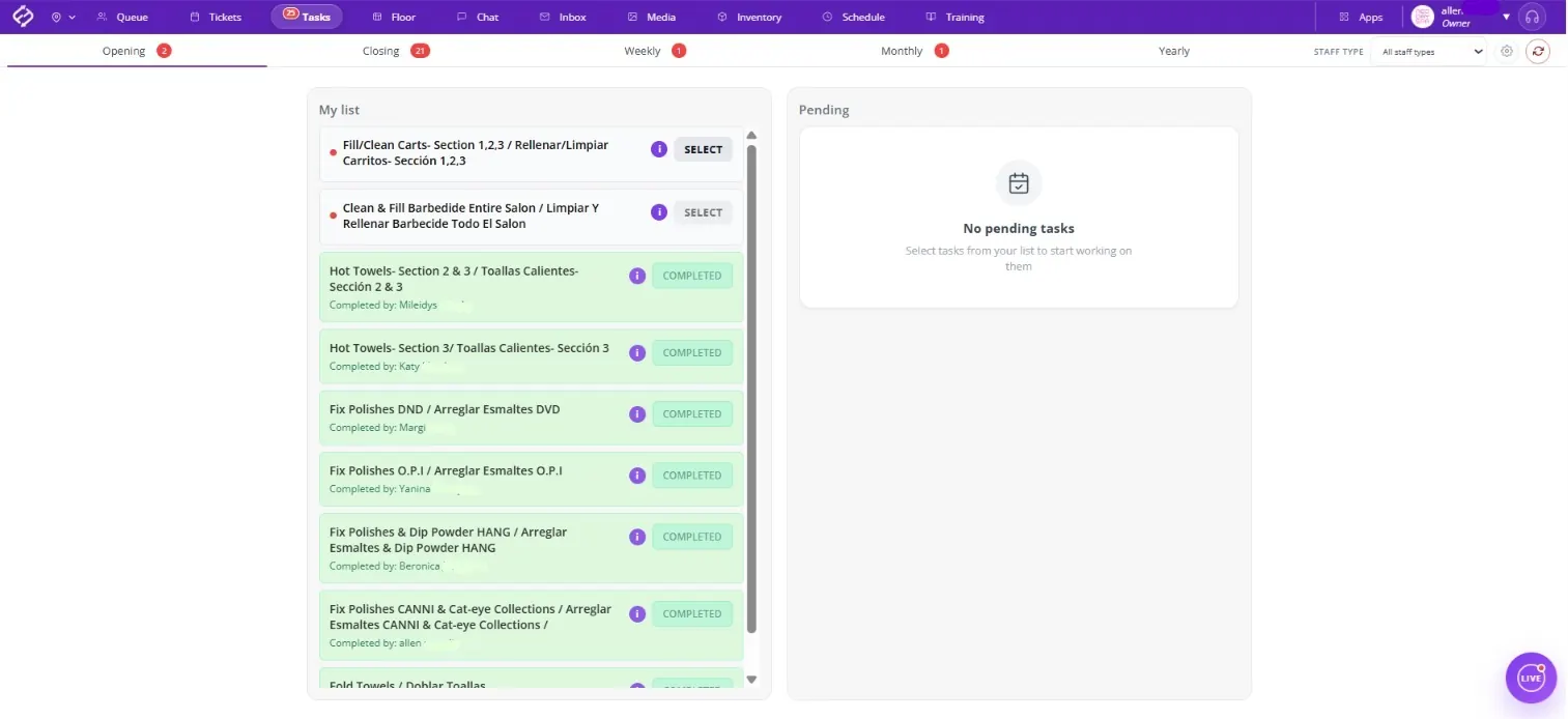 Fair Flow Tasks with opening checklists, My list, and pending work for the salon floor