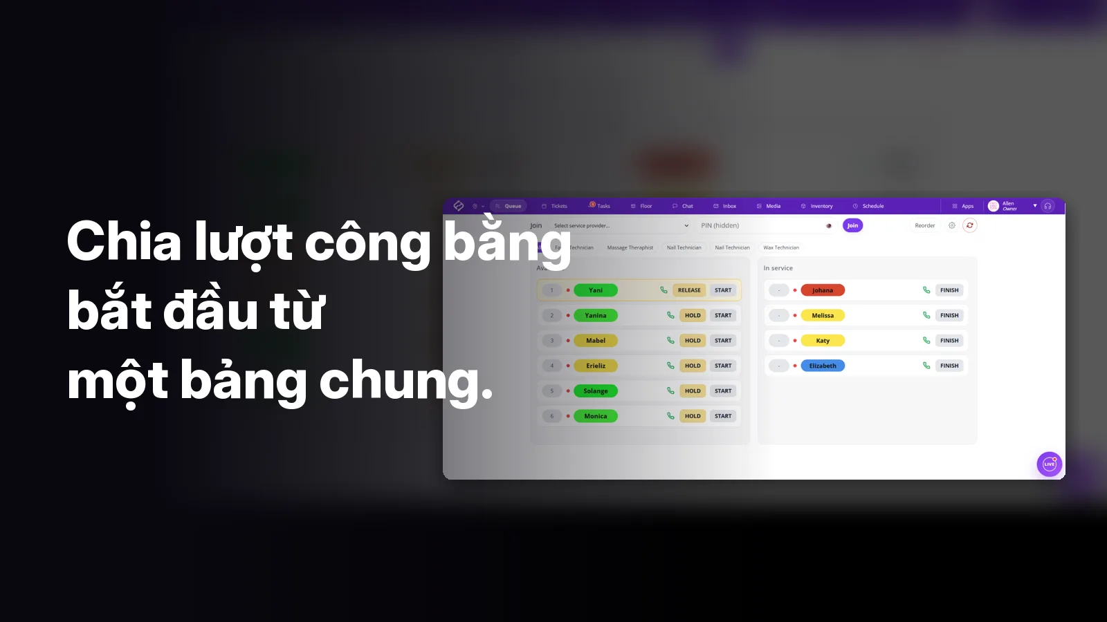 Hàng chờ thợ của Fair Flow phía sau dòng chữ: “Chia lượt công bằng bắt đầu từ một bảng chung.”