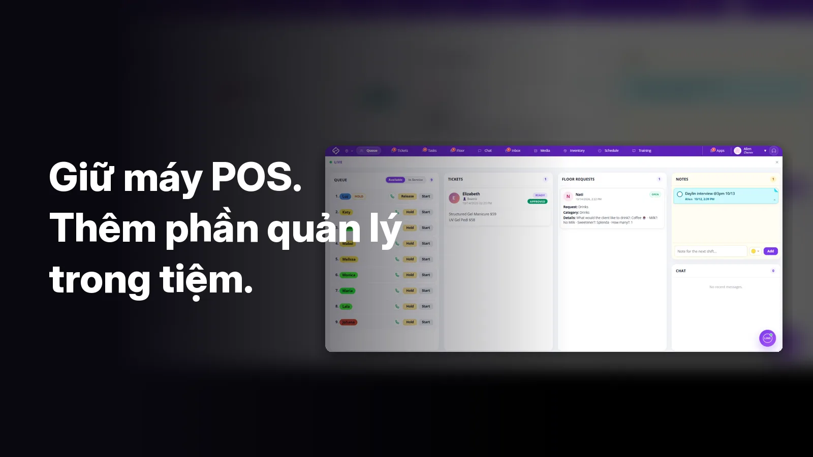 Màn hình trực tiếp của Fair Flow phía sau dòng chữ: “Giữ máy POS. Thêm phần quản lý trong tiệm.”