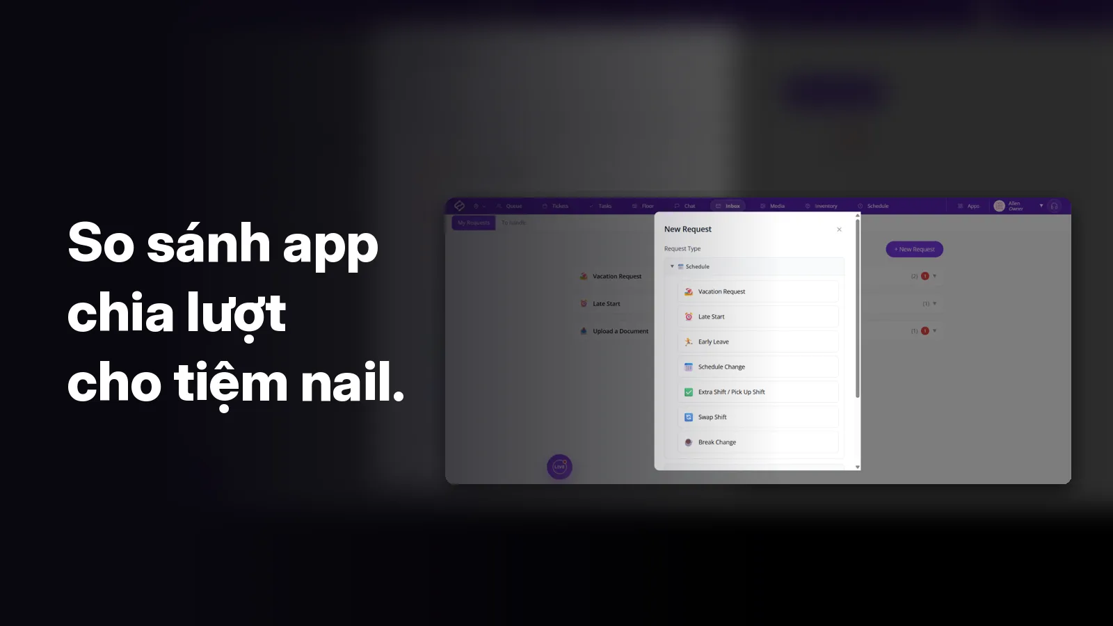 Hộp thư của Fair Flow phía sau dòng chữ: “So sánh app chia lượt cho tiệm nail.”